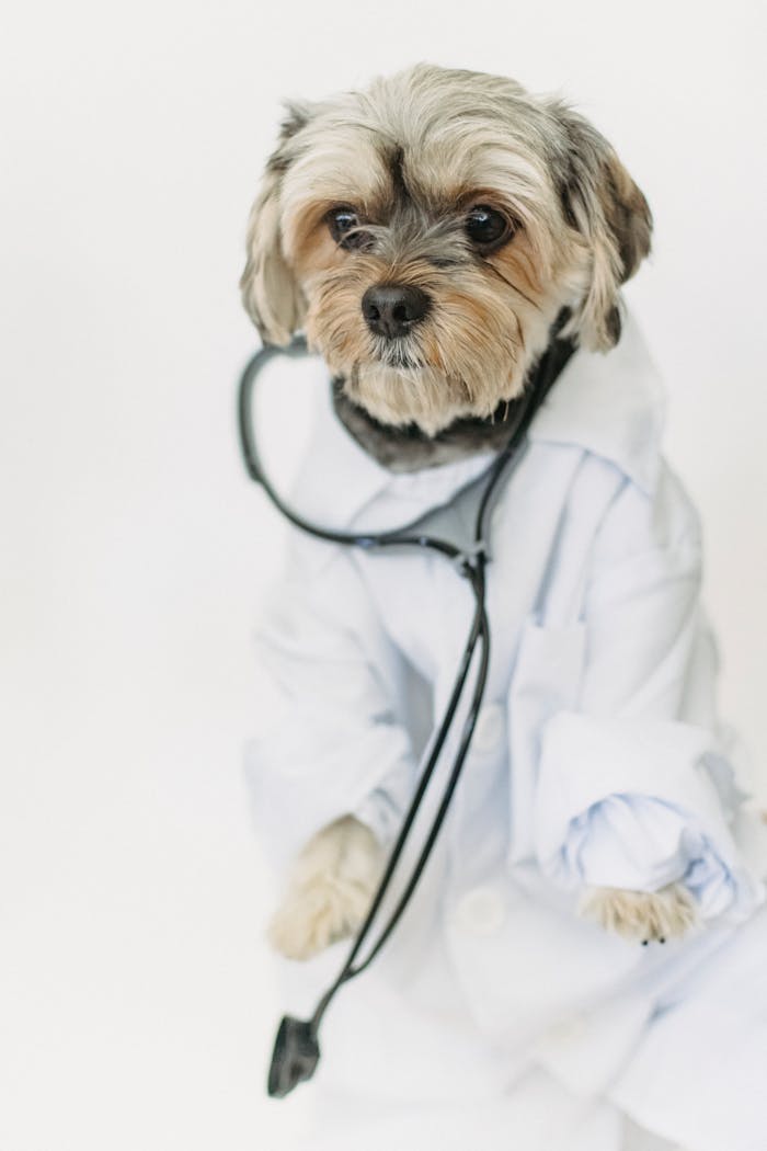 Yorkshire Terrier wearing a lab coat and stethoscope, embodying a cute canine doctor theme.